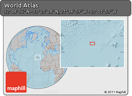 Gray Location Map of the Area around 33° 4' 42" N, 21° 10' 29" W, hill shading