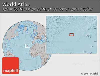 Gray Location Map of the Area around 33° 4' 42" N, 21° 10' 29" W, hill shading