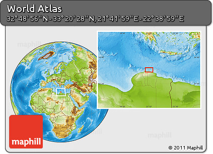 Physical Location Map of the Area around 33° 4' 42" N, 22° 10' 29" E