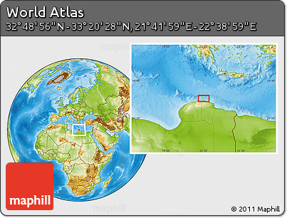 Physical Location Map of the Area around 33° 4' 42" N, 22° 10' 29" E