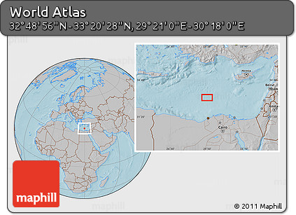 Gray Location Map of the Area around 33° 4' 42" N, 29° 49' 30" E, hill shading