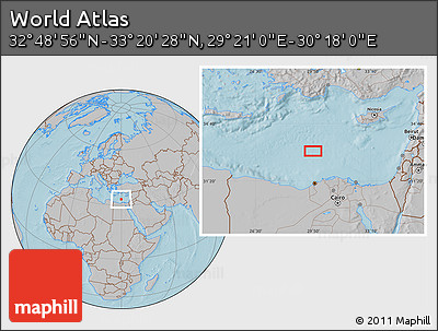 Gray Location Map of the Area around 33° 4' 42" N, 29° 49' 30" E, hill shading