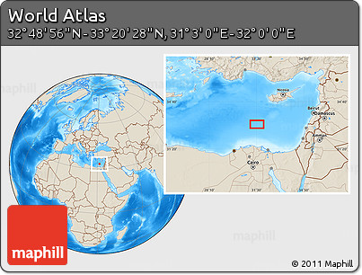 Shaded Relief Location Map of the Area around 33° 4' 42" N, 31° 31' 29" E