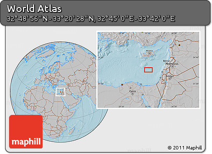 Gray Location Map of the Area around 33° 4' 42" N, 33° 13' 30" E, hill shading