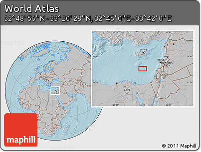 Gray Location Map of the Area around 33° 4' 42" N, 33° 13' 30" E, hill shading