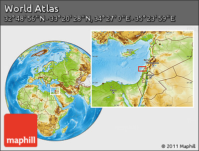 Physical Location Map of the Area around 33° 4' 42" N, 34° 55' 29" E