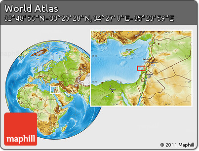 Physical Location Map of the Area around 33° 4' 42" N, 34° 55' 29" E