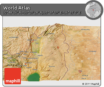 Satellite 3D Map of the Area around 33° 4' 42" N, 35° 46' 29" E
