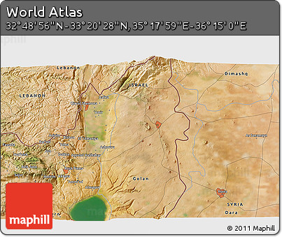 Satellite 3D Map of the Area around 33° 4' 42" N, 35° 46' 29" E