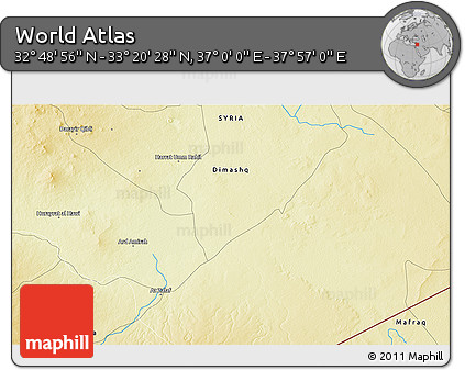 Physical 3D Map of the Area around 33° 4' 42" N, 37° 28' 30" E