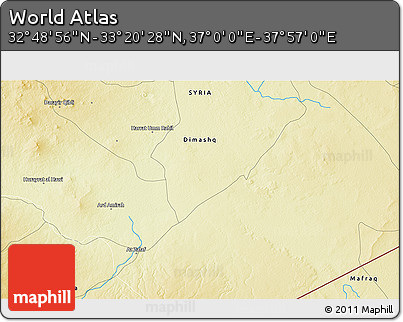 Physical 3D Map of the Area around 33° 4' 42" N, 37° 28' 30" E