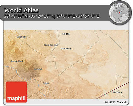 Satellite 3D Map of the Area around 33° 4' 42" N, 37° 28' 30" E