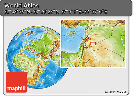 Physical Location Map of the Area around 33° 4' 42" N, 37° 28' 30" E