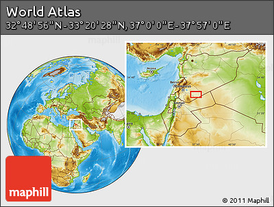 Physical Location Map of the Area around 33° 4' 42" N, 37° 28' 30" E