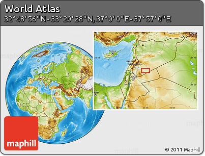 Physical Location Map of the Area around 33° 4' 42" N, 37° 28' 30" E