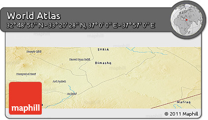 Physical Panoramic Map of the Area around 33° 4' 42" N, 37° 28' 30" E