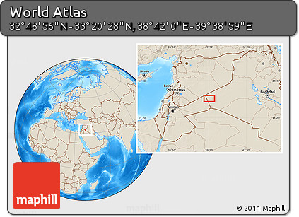 Shaded Relief Location Map of the Area around 33° 4' 42" N, 39° 10' 29" E