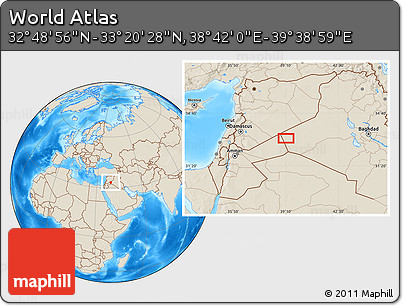 Shaded Relief Location Map of the Area around 33° 4' 42" N, 39° 10' 29" E