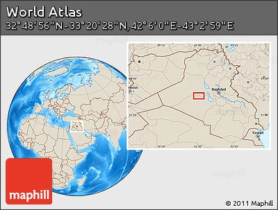 Shaded Relief Location Map of the Area around 33° 4' 42" N, 42° 34' 30" E