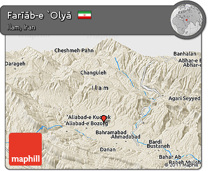 Shaded Relief Panoramic Map of Farīāb-e `Olyā