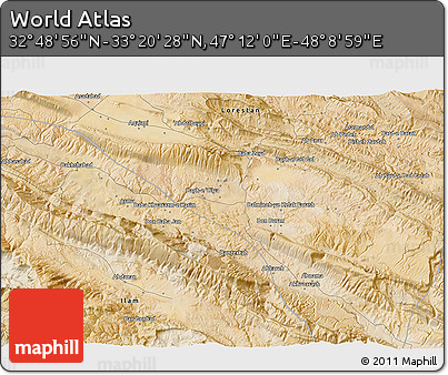 Satellite 3D Map of the Area around 33° 4' 42" N, 47° 40' 29" E
