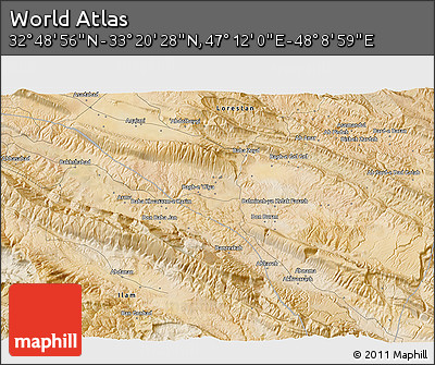 Satellite 3D Map of the Area around 33° 4' 42" N, 47° 40' 29" E