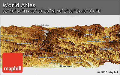 Physical Panoramic Map of the Area around 33° 4' 42" N, 48° 31' 29" E
