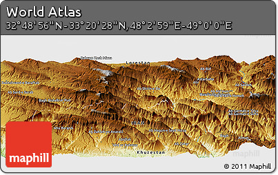 Physical Panoramic Map of the Area around 33° 4' 42" N, 48° 31' 29" E