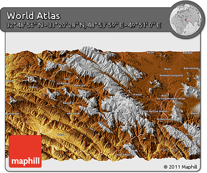 Physical 3D Map of the Area around 33° 4' 42" N, 49° 22' 30" E