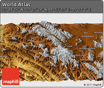 Physical 3D Map of the Area around 33° 4' 42" N, 49° 22' 30" E