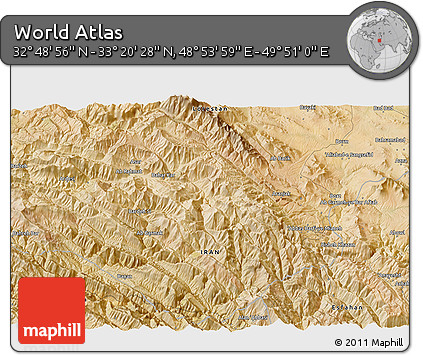 Satellite 3D Map of the Area around 33° 4' 42" N, 49° 22' 30" E