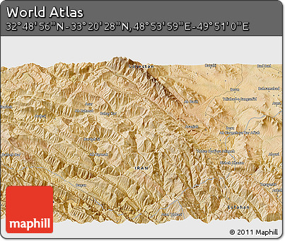 Satellite 3D Map of the Area around 33° 4' 42" N, 49° 22' 30" E