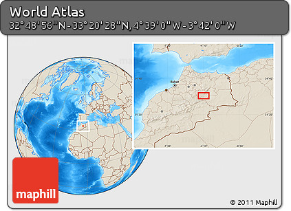 Shaded Relief Location Map of the Area around 33° 4' 42" N, 4° 10' 30" W