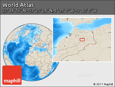 Shaded Relief Location Map of the Area around 33° 4' 42" N, 4° 10' 30" W