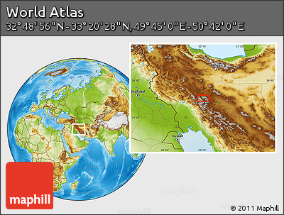 Physical Location Map of the Area around 33° 4' 42" N, 50° 13' 30" E