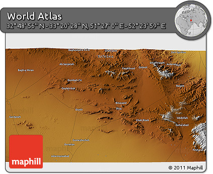 Physical 3D Map of the Area around 33° 4' 42" N, 51° 55' 29" E