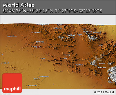 Physical 3D Map of the Area around 33° 4' 42" N, 51° 55' 29" E