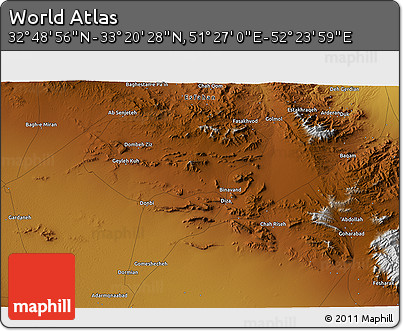 Physical 3D Map of the Area around 33° 4' 42" N, 51° 55' 29" E