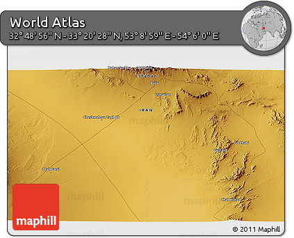Physical 3D Map of the Area around 33° 4' 42" N, 53° 37' 30" E