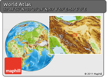 Physical Location Map of the Area around 33° 4' 42" N, 53° 37' 30" E