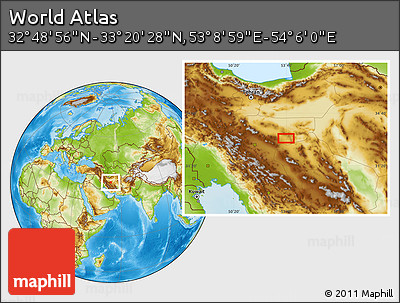 Physical Location Map of the Area around 33° 4' 42" N, 53° 37' 30" E