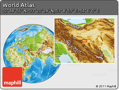 Physical Location Map of the Area around 33° 4' 42" N, 53° 37' 30" E