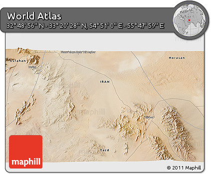 Satellite 3D Map of the Area around 33° 4' 42" N, 55° 19' 30" E