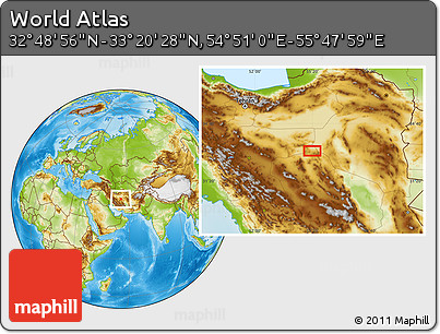 Physical Location Map of the Area around 33° 4' 42" N, 55° 19' 30" E