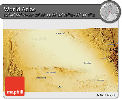 Physical 3D Map of the Area around 33° 4' 42" N, 57° 1' 29" E