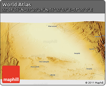 Physical 3D Map of the Area around 33° 4' 42" N, 57° 1' 29" E