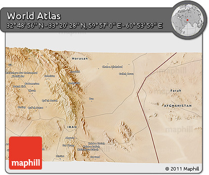 Satellite 3D Map of the Area around 33° 4' 42" N, 60° 25' 29" E