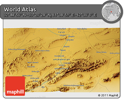 Physical 3D Map of the Area around 33° 4' 42" N, 62° 7' 30" E