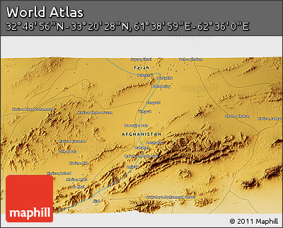 Physical 3D Map of the Area around 33° 4' 42" N, 62° 7' 30" E