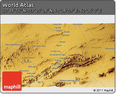 Physical 3D Map of the Area around 33° 4' 42" N, 62° 7' 30" E